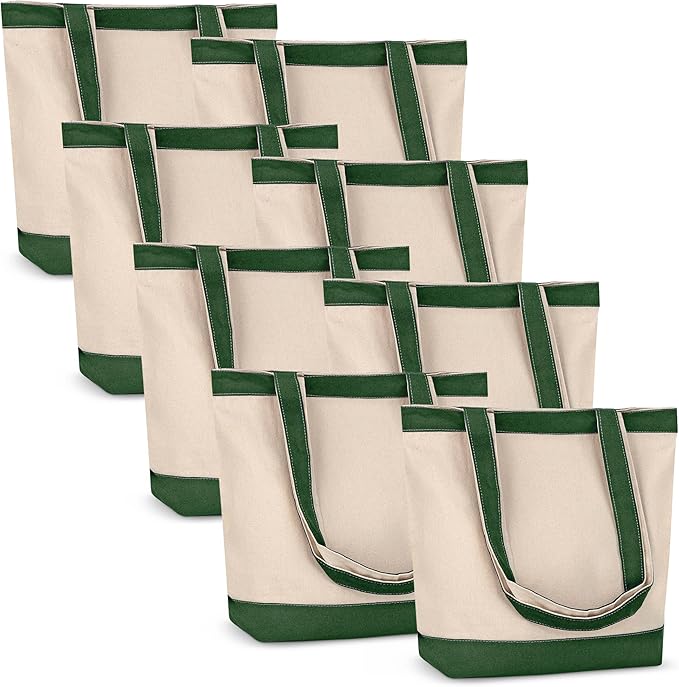 Canvas Tote Bag with Handles for Woman, Reusable Cloth Bag for Groceries and Shopping In Bulk - Blank Cotton Tote Bag, Suitable for DIY Projects Heavy Duty, 16"X14.5" With 4” Gusset, Green 8 Pack