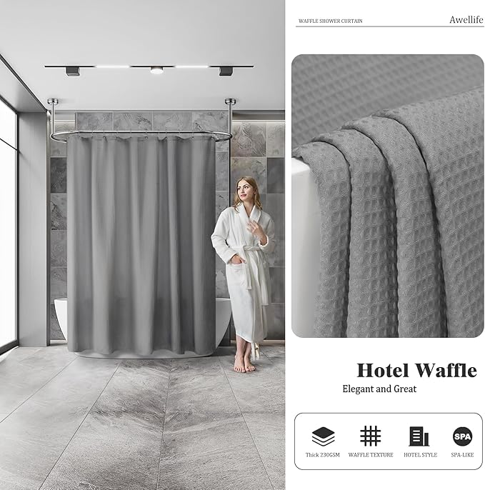 Awellife Waffle Hotel Textured Grey Shower Curtains for Bathroom 230 GSM Heavy Duty Fabric Liner, 72" W X 72" L Inch