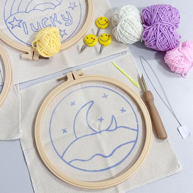 Allazone 3 Set Punch Needle Embroidery Starter Kits for Beginners, Include Punch Needle Fabric with Yarns, Embroidery Hoops, Threader Tools and Instructions, Rainbow and Moon Pattern