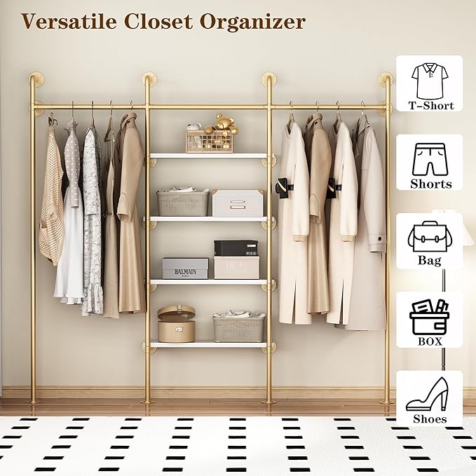KAILNKISS Industrial Pipe Clothing Rack, Wall Mounted Clothes Rack Gold Clothing Rack with Shelves Clothes Hanging Shelf-94.5''L Gold