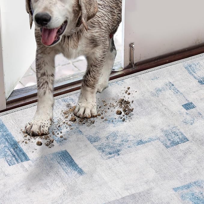 COMSLE Door Mat, Front Door Mat Indoor for Entrance Faux Wool Absorbent Non Slip Modern Throw Rug for Entryway Bedroom Muddy Paws - Pet Friendly, 36x60 Inches,Square Blue Machine Washable