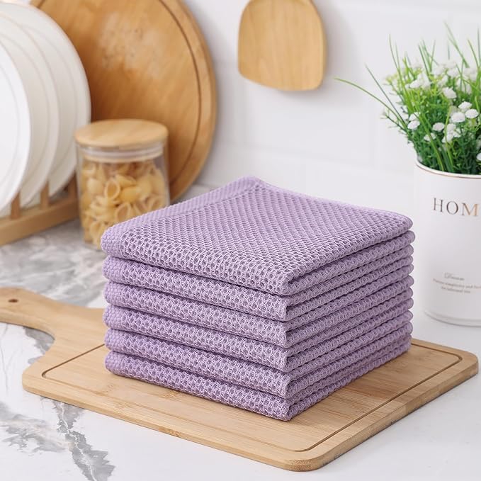 Kitinjoy 100% Cotton Kitchen Dish Cloths, 12 Pack Waffle Weave Ultra Soft Absorbent Dish Towels for Drying Dishes Quick Drying Kitchen Towels Dish Rags, 12 X 12 Inches, Lavender