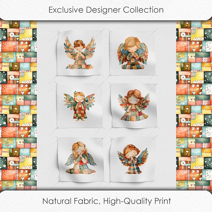‍ Patchwork Angel Cotton Fabric Panel – 6 Designs (10×10 inch Each) + Bonus Sheet 29.5×19.6 inch, 100% Cotton 140 GSM, Made in Türkiye
