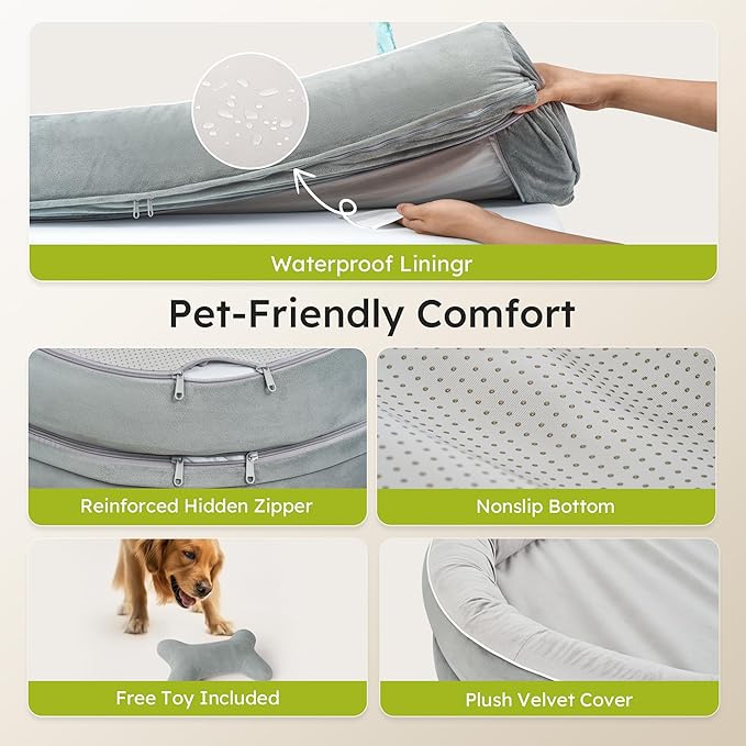 CWAWZ Jumbo Orthopedic Dog Bed, Big Dog Bed for Extra Large Sized Dogs with Full-Surround Bolsters, Dual-Sided Dog Cooling Bed with Memory Foam, Washable Pet Sofa Couch with Nonslip Bottom, Light Grey