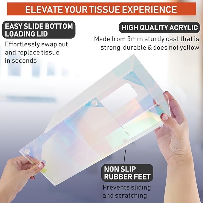 Acrylic Tissue Box Holder, Clear Dispenser for Facial Tissues, Napkins, and Dryer Sheets. Perfect for Bathrooms, Desks, Countertops, Vanities, Bedrooms, and Nightstands (Rectangle, Iridescent)