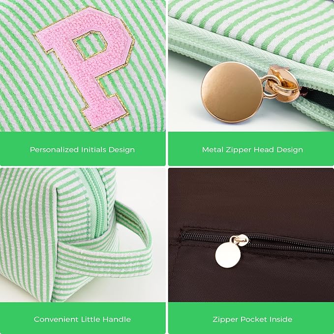 Btffitting Personalized Makeup Bag for Women Girls - Fashion Cosmetic Bag Trendy Travel Toiletry Bag with Initials Letter - Teen Gifts - Green,P