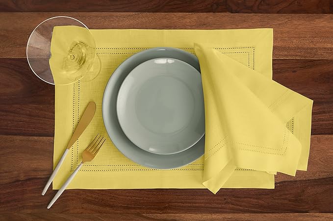 Solino Home Linen Cloth Napkins Set of 4-100% Pure Linen Sunshine Yellow Dinner Napkins 20 x 20 Inch for Spring, Easter - Double Hemstitch, Handcrafted and Machine Washable