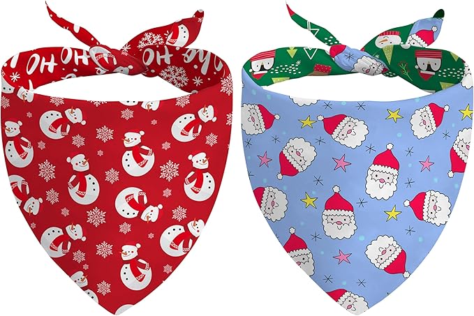 Christmas Dog Bandanas Reversible 2 Pack Small, Red Santa Claus Snowman Snowflakes Christmas Pet Bandanas Set Adjustable Triangle Winter Xmas Holiday Scarves for Small Medium Boy Girl Dogs