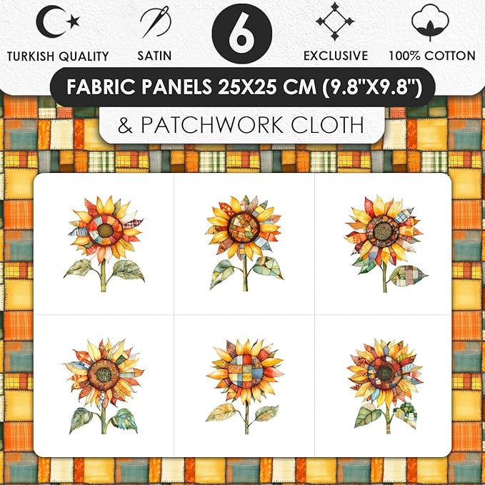 Patchwork Sunflower Cotton Fabric Panel – Six 10×10 inch Designs + Bonus 29.5×19.6 inch Patchwork Sheet, 100% Turkish Cotton 140 GSM
