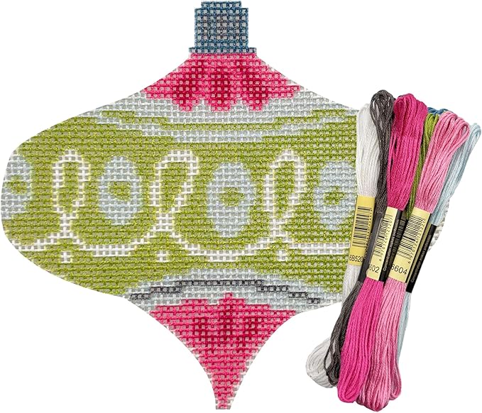 Howie's Needlepoint Christmas Needlepoint Kits, 18CT Printed Embroidery Pattern Starter Kits, Stamped Patterns Canvas Kits(Pink&Green Bauble,3.9x4.2inch)