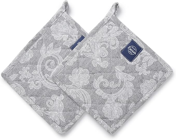 Pot Holders for Kitchen | Heat Resistant Pads | Set of 2 | Hot Dish Holder Sets | 8x8 in |for Cooking, Baking, Grilling, Microwave & BBQ, Chambray Grey by Encasa XO