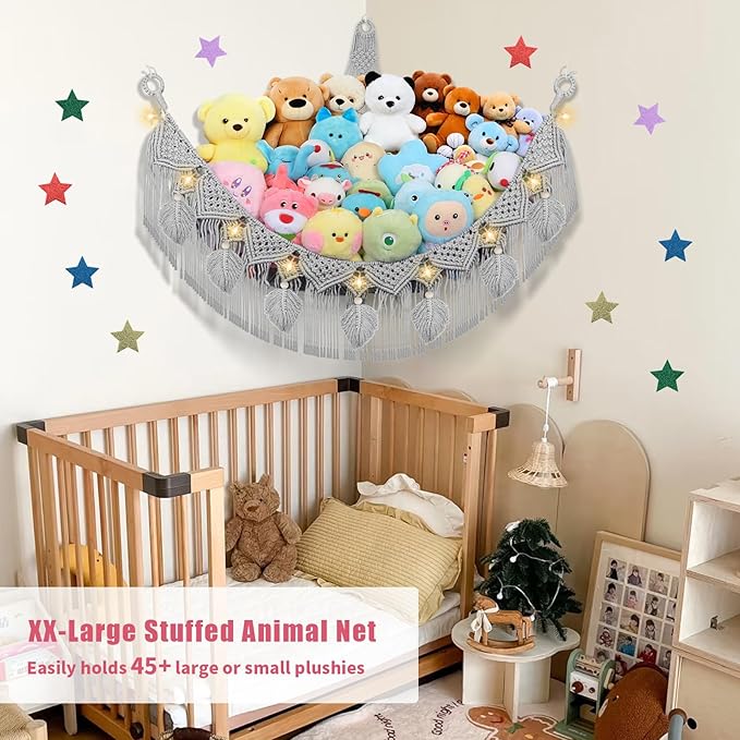 Stuffed Animal Hammock Corner - 56'' Jumbo Handcrafted 5mm Double Macrame Cord Toy Hammock Holder - 100% Natural Cotton Stuffed Animal Storage Net - Gray Stuffy Plushie Net w/LED Star Light