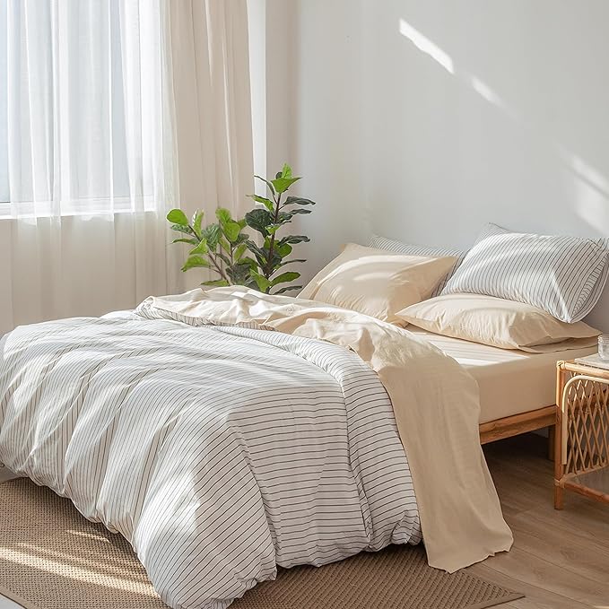 MooMee Bedding Sheet Set 100% Washed Cotton Linen Like Textured Breathable Durable Soft Comfy (Solid Sandy Beige, Queen)