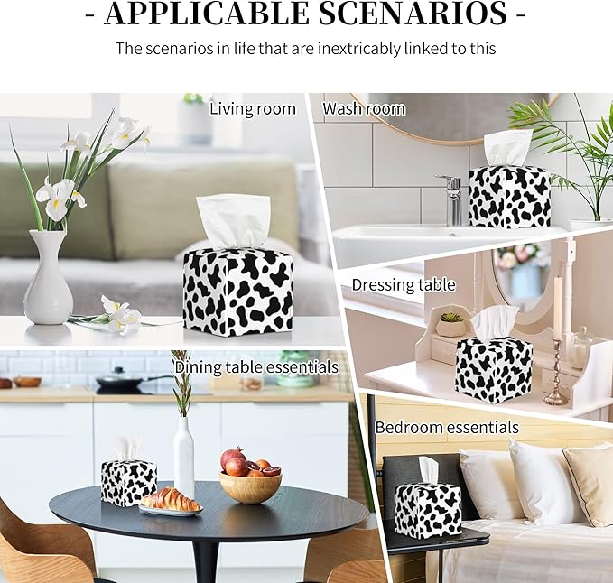 POIUBLE Cow Print Tissue Box Cover Leather Tissue Box Holder Square Facial Paper Organizer Dispenser for Bathroom Kitchen Bedroom Vanity Countertop Night Stands