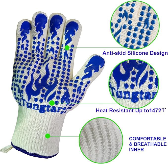 Oven Mitts Heat Resistant BBQ Proof Glove 11Inch 1472℉ Grill Glove Proof Heat for Women Men BBQ Gloves Gift Set Cooking Gloves for Cooking, Grilling, Baking, Welding (White Blue)