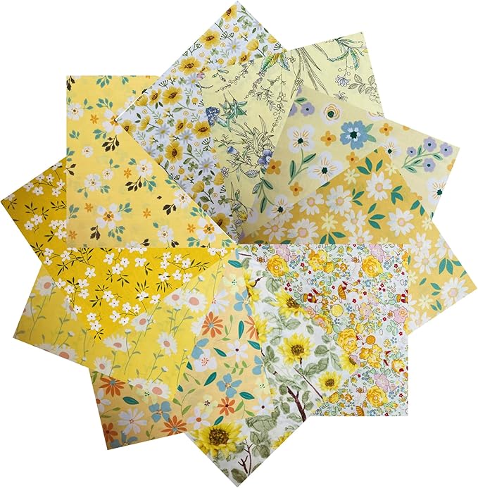 HANPATQUI 50PCS 5 x 5 inch 100% Cotton Fat Quarters Fabric for Sewing and Quilting Bundles Precut Fabric Square for DIY Craft Patchwork-Yellow Printed