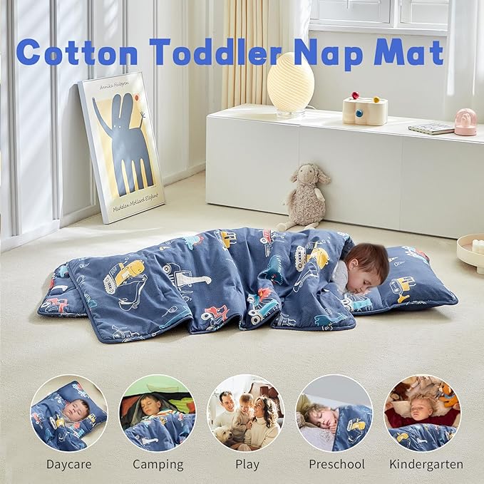 Cotton Toddler Nap Mat for Boys,Roll Up Slumber Bags Dinosaur Pattern,Toddler Nap Mat with Removable Pillow and Blanket, Kids Sleeping Mat for Daycare,Preschool and Kindergarten-Navy Blue ﻿