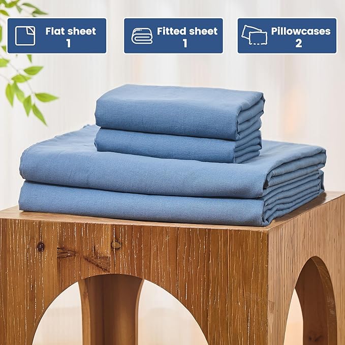 Bedlifes 100% French Pure Linen Sheets California King Size Breathable and Cooling Flax Sheet Set Soft Durable and Moisture Wicking 16 Inch Deep Pocket-4 Piece(Cal King,Flint Blue)