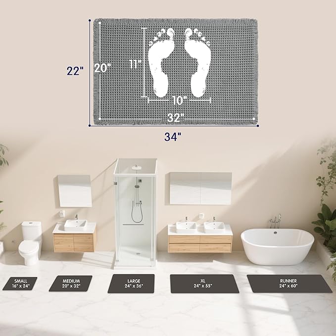 SUBRTEX Waffle Braided Bath Mat, 20" x 32" Soft Waffle Bath Rugs, Absorbent Non Slip Bathrooom Mats, Machine Washable Area Rug for Bathroom, Quick Dry, Gray