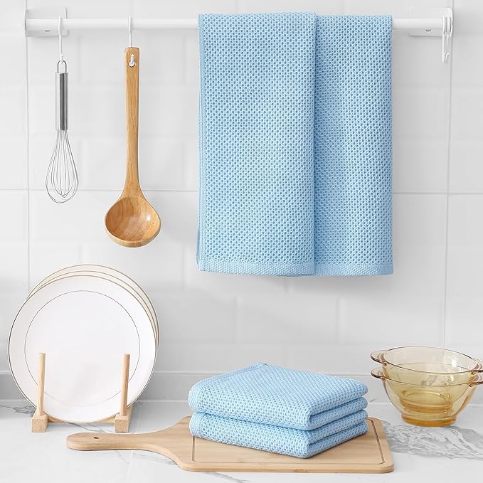 Kitinjoy 100% Cotton Waffle Weave Kitchen Towels (13 X 28 Inches, Sky Blue), 4-Pack Super Soft and Absorbent Dish Towels for Drying Dishes, Kitchen Hand Towels