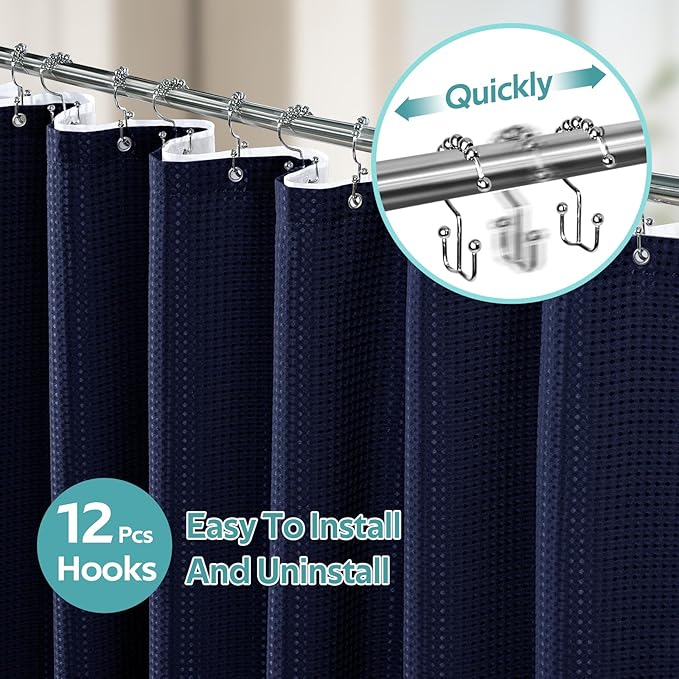 Vipfree 3 in 1 Shower Curtain Set, Waffle Shower Curtain and Liner Set with 12 Double Sided Shower Curtain Hooks, 258GSM Luxury Weighted Cloth Shower Curtains for Bathroom, 72 W x 84 H, Navy Blue