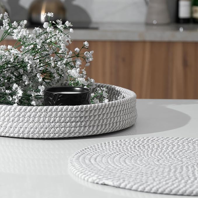 Art PineCone's Woven Cotton Rope Round Placemats Set of 4 with Holder Included, Non-Slip, and Heat Resistant Shabby Chic Placemats (Gray & White Mélange, 13 inch)