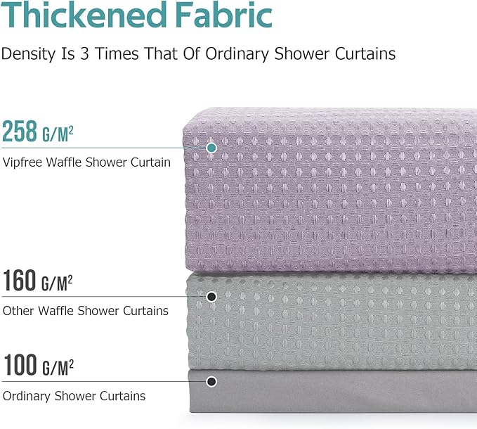 Vipfree 3 in 1 Shower Curtain Set, Waffle Shower Curtain and Liner Set with 12 Double Sided Shower Curtain Hooks, 258GSM Luxury Weighted Cloth Shower Curtains for Bathroom, 72 W x 72 H, Lavender