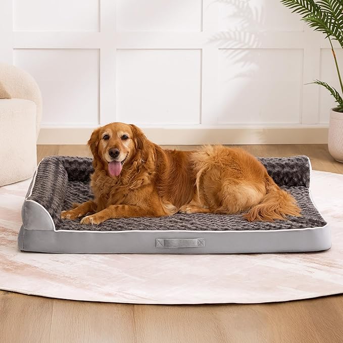 Aeroluxe Dog Bed Large Sized Dogs, Orthopedic Dog Bed for Large Dogs, Waterproof Pet Bed with Washable Removable Cover, L-Shaped Pet Couch with Portable Handle 36"x27"x6.5", Grey