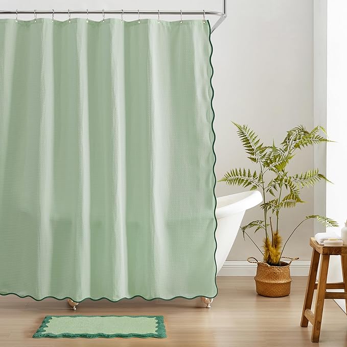 MONDAY MOOSE Scalloped Waffle Weave Shower Curtain with Rustproof Metal Grommet Holes for Bathroom, Machine Washable, Hooks Included (72x72 inch, Dark Green/Light Sage)