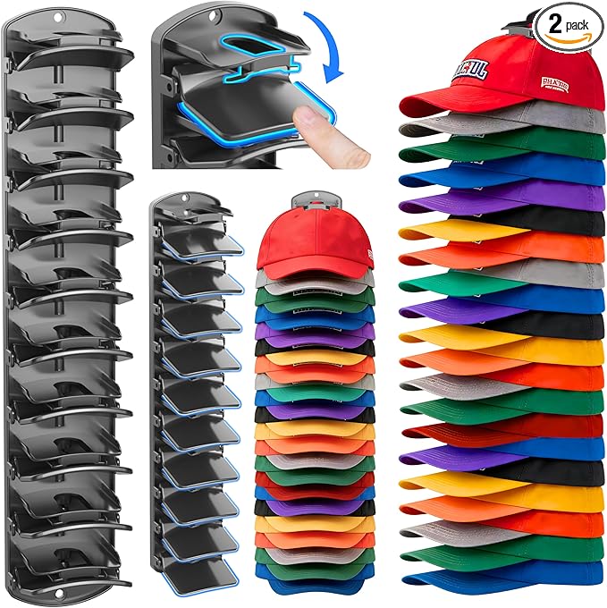 genicuts Double Capacity Hat Organizer for Baseball Caps 2 Packs - 40 Cap Storage with Spring Clips, Wall Mount Closet & Door Hat Rack Holder Hanging(Strong Adhesive & Screws) Matte Black