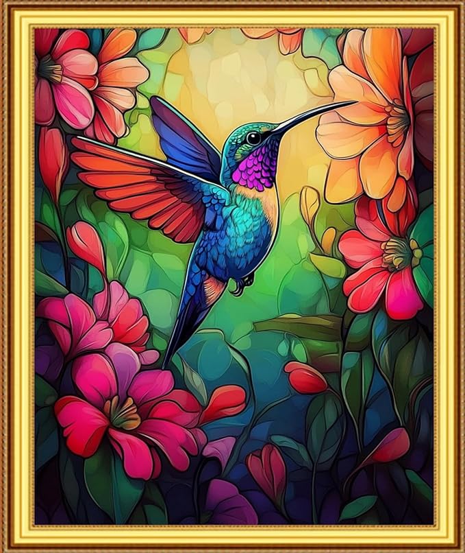 Foxnyart Stamped Cross Stitch Kits Full Range of Embroidery Needlework Starter Kits for Beginners Adults 11CT Embroidery Patterns Art Crafts DIY Needlepoint Kit-Colorful Flower Hummingbird 16x20 inch