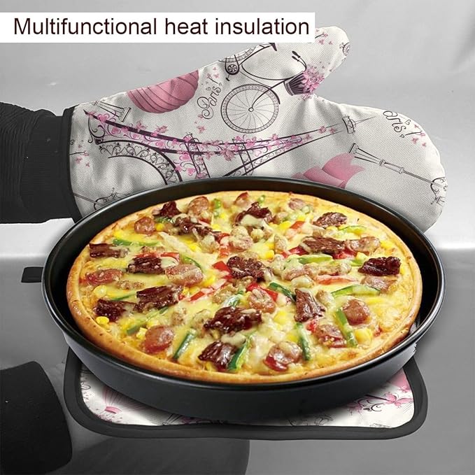 Paris Theme Oven Mitts and Pot Holders Eiffel Tower Romantic Travel Insulated Gloves & Kitchen Counter Safe Mats for Cooking BBQ Baking Grilling (2-Piece Set)