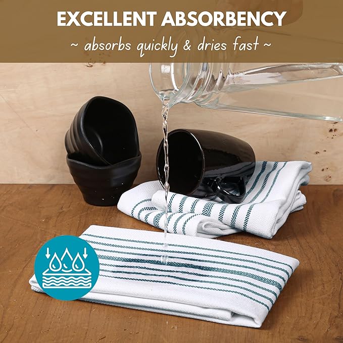 Native Fab Kitchen Tea Towels 16x26 inches - 12 Pack Herringbone Weave - 100% Cotton Scandia Striped Dish Towels, Wash Cloths, Absorbent Hand Towels with Hanger - Teal Green White