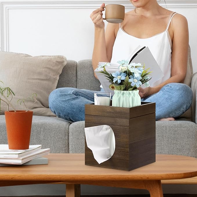 Tissue Box Cover, Brown Tissue Box Cover with Storage Tray Square Tissue Box Covers Holder for Bathroom, Bedroom, Dinner Table, Office, Tabletop 6" x 6" x 7.4"