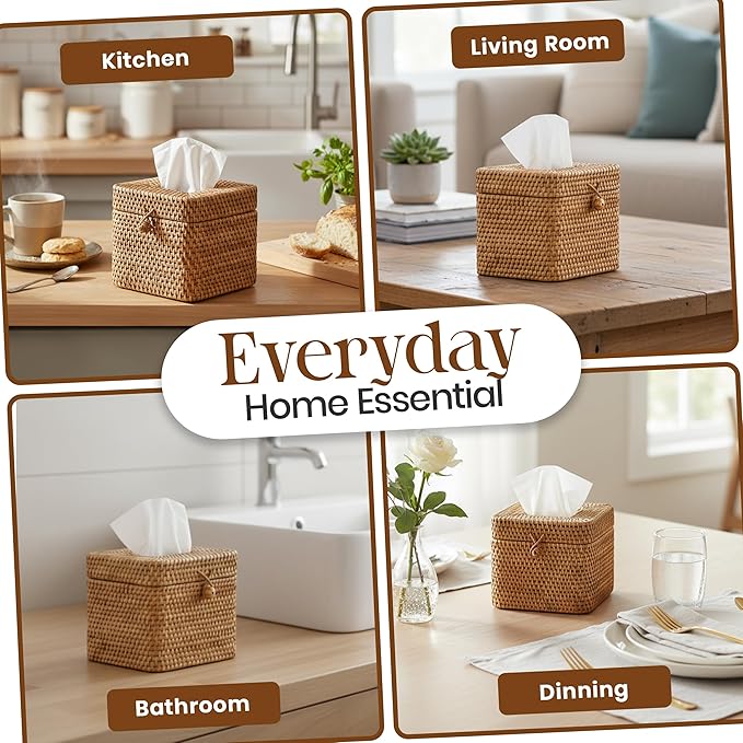 Natural Rattan Tissue Box Cover – 5.5x5.5x5.9 Inch - Stylish Handwoven Tissue Holder with Lid - Ideal for Bathroom Vanity, Bedroom, or Living Room Home Accent