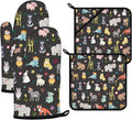 Cute Animals Oven Mitts and Pot Holders Sets 4Pcs,Extra Long Oven Gloves Potholder for Kitchen Cooking Baking BBQ 100% Cotton Heat Resistant