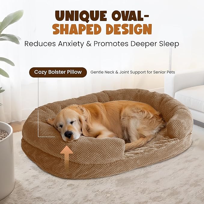 Miorun Orthopedic Dog Bed for Large Dogs, Removable Washable Cover, Memory Foam Indestructible Pet Couch for Big Dogs, Sturdy and Cozy Round Bed with Bolstered Sides, Durable Crate Bed, Camel
