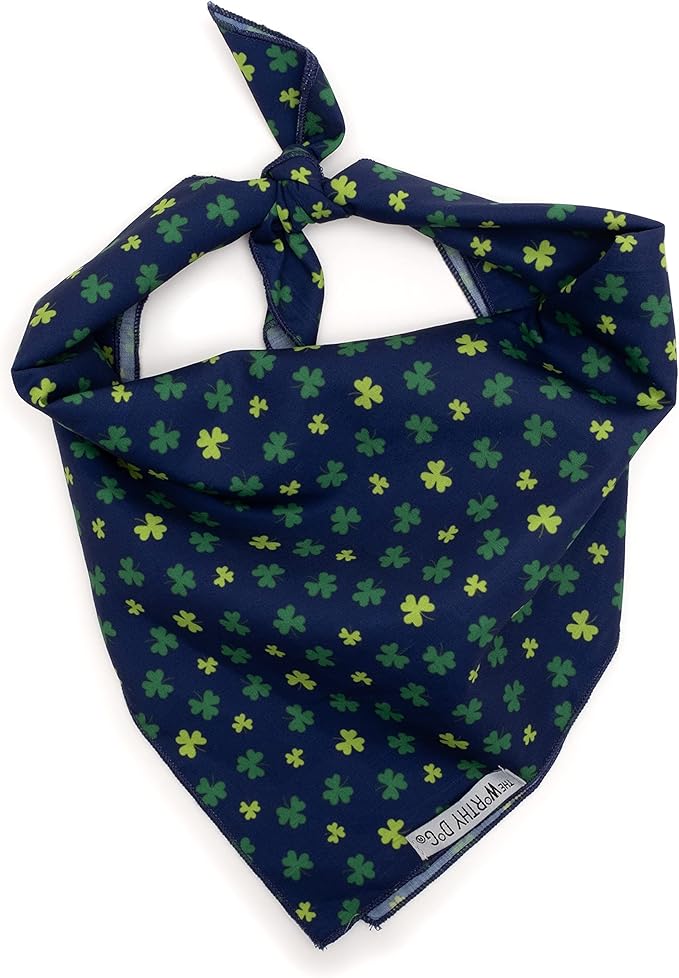 THE WORTHY DOG Classic Tie-Uc Dog Bandana – Soft Cotton Flannel Square Pet Bandana, Lucky Pattern, Navy, Small