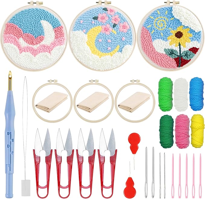 Woohome Punch Needle Kit Included Plastic Hoops, Punch Needle Cloth, Color Yarn and Punch Needle Tools for Adults, Beginners (Moon and Sunflower)