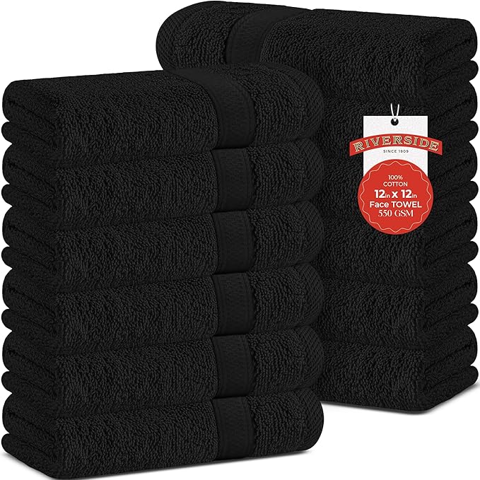 RIVERSIDE 12 Pack Premium 100% Cotton Face Wash Cloths, 12 x 12 Inches, Soft & Absorbent Face Towels for Bathroom Wash Clothes, 550 GSM, Luxury WashCloths for Showering, Body, Spa & Gym, Black