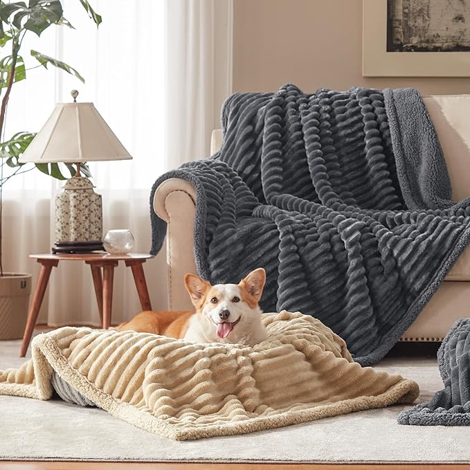 AIPERRO Waterproof Dog Blanket for Large Dogs, Washable Soft Puppy Cat Blanket Flannel Cotton Velour for Sofa Couch Protector, Comfort & Security Reversible Bed Protection for Pet, 50"X60", Gray