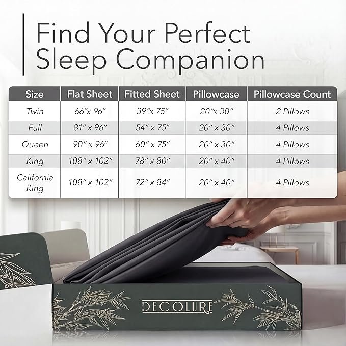 DECOLURE 100% Viscose Derived from Bamboo Sheets Queen Size - Luxury 6 Pc Naturally Cooling Sheets, Ultra Soft Bed Set - Deep 17" Pockets, Durable Double Stitching, Oeko Tex Standard (Charcoal)