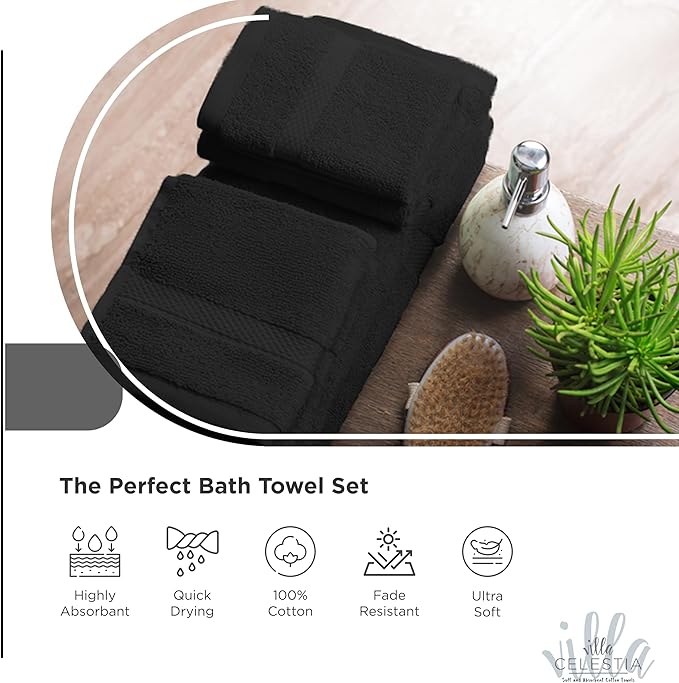 Villa Celestia 100% Cotton Bath Towel Set of 18-4 Bath Towels, 6 Hand Towels, 8 Wash Cloths, Sustainable, Soft, Highly Absorbent, Combed Cotton 18 Piece Set for Hotels, Spa, Bathroom, Dorm, Black