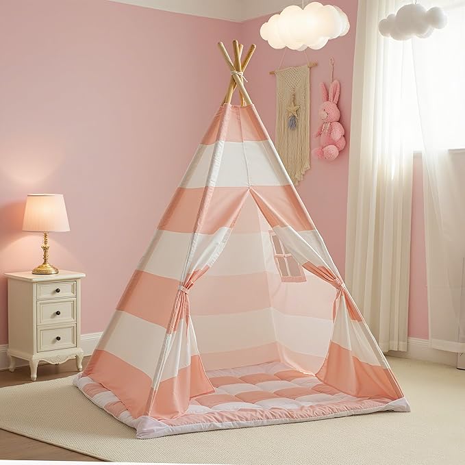 xiaowantong Teepee Tent for Kids with Padded Mat, Lights, and Carry Bag, Washable Playhouse for Indoor Use, Ideal Play Tent for Girls and Boys, Stripe Pink