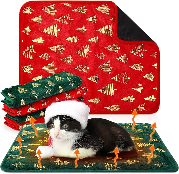 Clysee 4 Pack Self Heating Cat Bed Cat Self Warming Pad with Removable Cover Extra Warm Thermal Pet Pad Washable Pet Crate Mat Anti Slip Kennel for Indoor Outdoor Pets (Christmas Tree,16 x 20 Inches)
