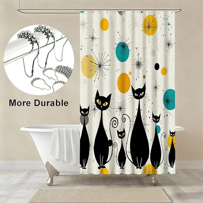 mutakin Mid Century Shower Curtain Cute Cats Shower Curtains for Bathroom Waterproof Fabric Bath Curtain Decor with Hooks
