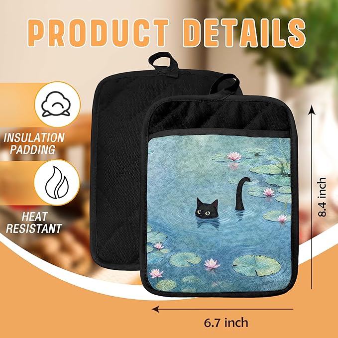 Black Cat in Water Lily Pond Pot Holders with Pockets, Cat Kitchen Decor, Mystical Black Kitten Kitty Oven Pot Holders Heat Resistant Oven Mitts Hot Pads for Kitchen Baking Cooking