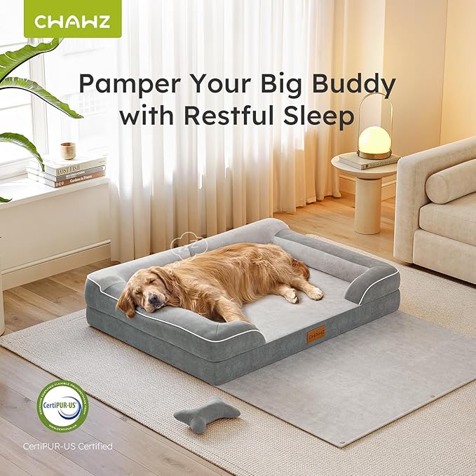 CWAWZ Dog Beds for Large Dogs, Orthopedic Pet Bed with Cooling Gel Memory Foam, Waterproof Large Dog Beds with Removable Washable Cover, 36" Pet Sofa Dutch Velvet with Blanket Bone Toy, Light Gray