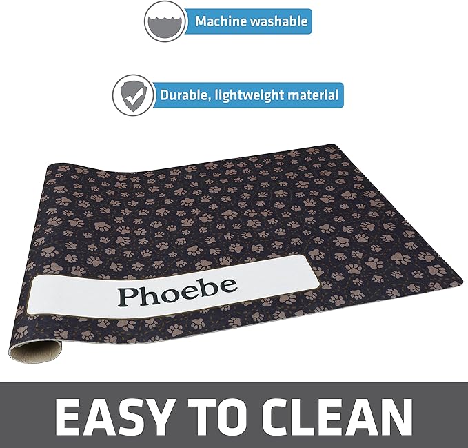 Drymate Personalized Pet Bowl Placemat, Custom Dog & Cat Food Feeding Mat - Absorbent Fabric, Waterproof Backing - Machine Washable/Durable (USA Made) (16" x 28") (Paw Path Tan)