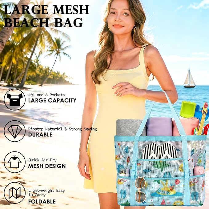 Fammart Mesh Beach Bag, Large Beach Tote with Zipper Pocket for Family Pool Bag for Toys & Vacation Essentials